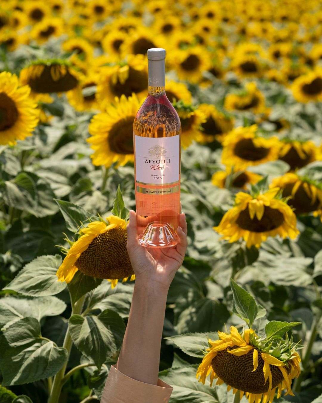 Driopi Rosé Weinflasche mit 2024 Agiorgitiko Peloponnes PGI in einem Sonnenblumenfeld