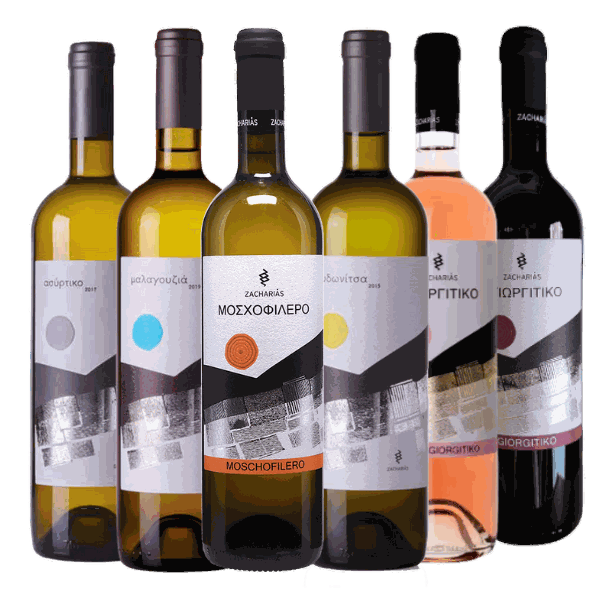 Six bottles of Zacharias Sortenreine Weine featuring Greek varietal wines including Assyrtiko, Malagousia, Moschofilero, Kydonitsa, Agiorgitiko Rosé, and Agiorgitiko Red.