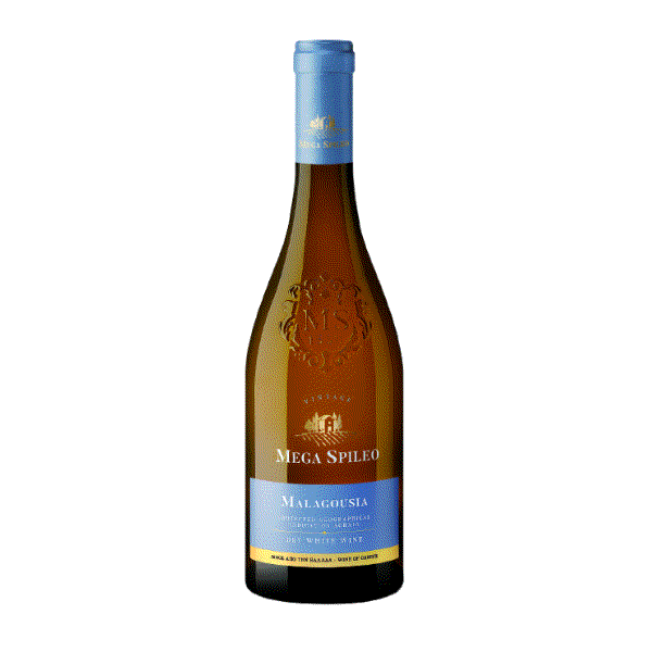 Flasche Mega Spileo Malagousia Weißwein Jahrgang 2024 aus Achaia PGI, hellgelb mit grünlichen Reflexen, fruchtig und erfrischend, ideal zu Fisch und Meze.