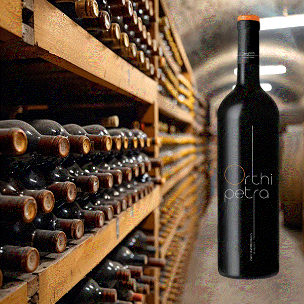 Orthi Petra Rotwein von Domaine Zacharioudakis aus Kreta in dunkler Flasche mit orangefarbenem Korken