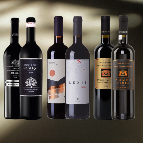 Probierpaket "Nemea Rotweine" von vineas.shop mit verschiedenen Sorten von Agiorgitiko in eleganter Präsentation