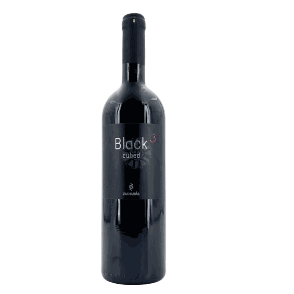 Zacharias Black Cubed Rotwein 2020 aus Peloponnes mit Agiorgitiko, Merlot und Mavrodaphne, Barriqueausbau, dunkles Kardinalsrot, fruchtig-würzig, 14% Vol.