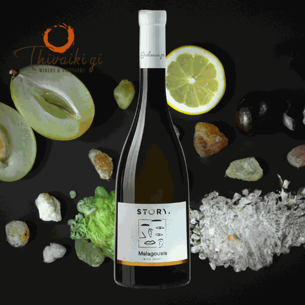 Story Malagousia Weißweinflasche mit Limette und Gewürzen auf schwarzem Hintergrund