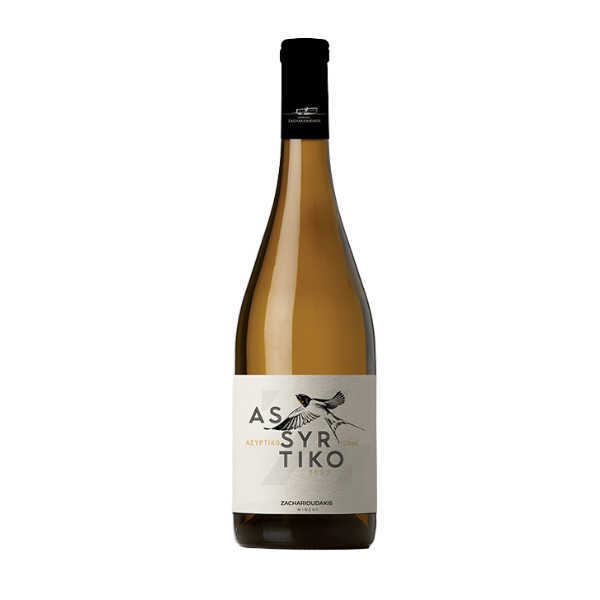 Assyrtiko Zacharioudakis Bio 2023 white wine bottle from Heraklion Kreta with dry, mineral, citrus flavor and vegan certification