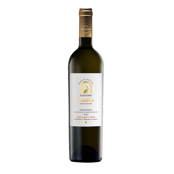Domaine Tselepos Laoudia Canava Chryssou-Tselepos Assyrtiko Santorini in eleganter Flasche mit goldenen Akzenten