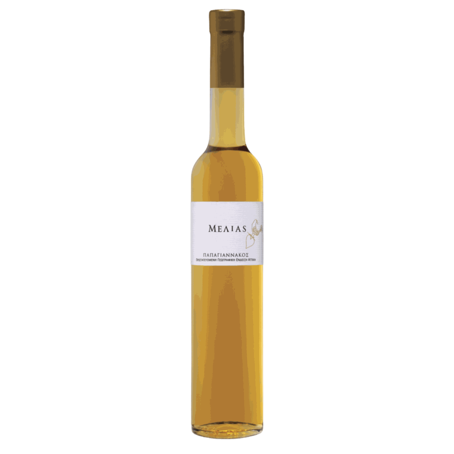 Papagiannakos Melias Süßwein aus Attika, süßer Malagousia Weißwein in goldener Flasche