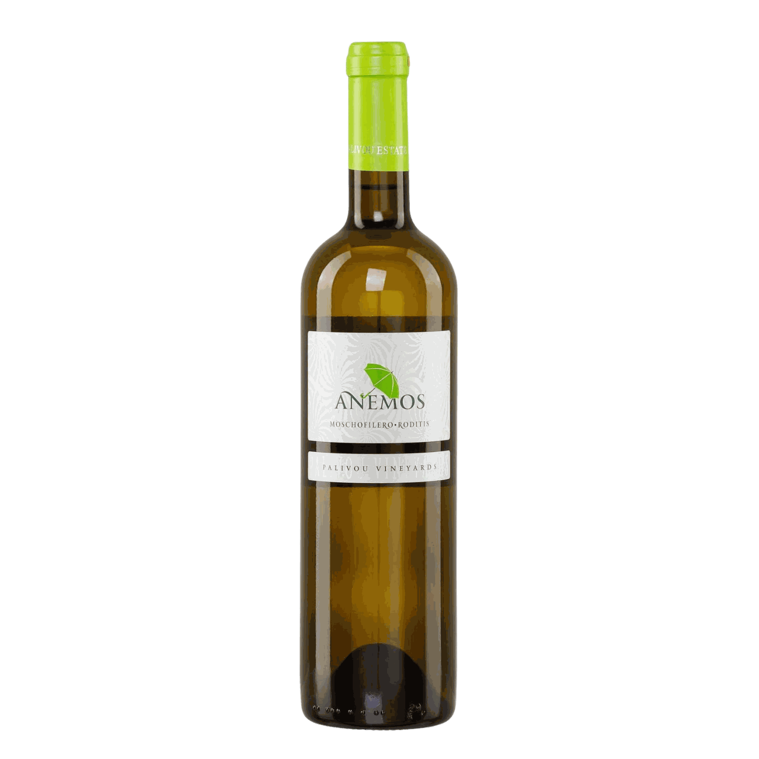 Anemos Weißwein Flasche mit gelbgrünem Verschluss und edlem Etikett, fruchtiger griechischer Weißwein aus Moscofilero und Roditis Rebsorten.