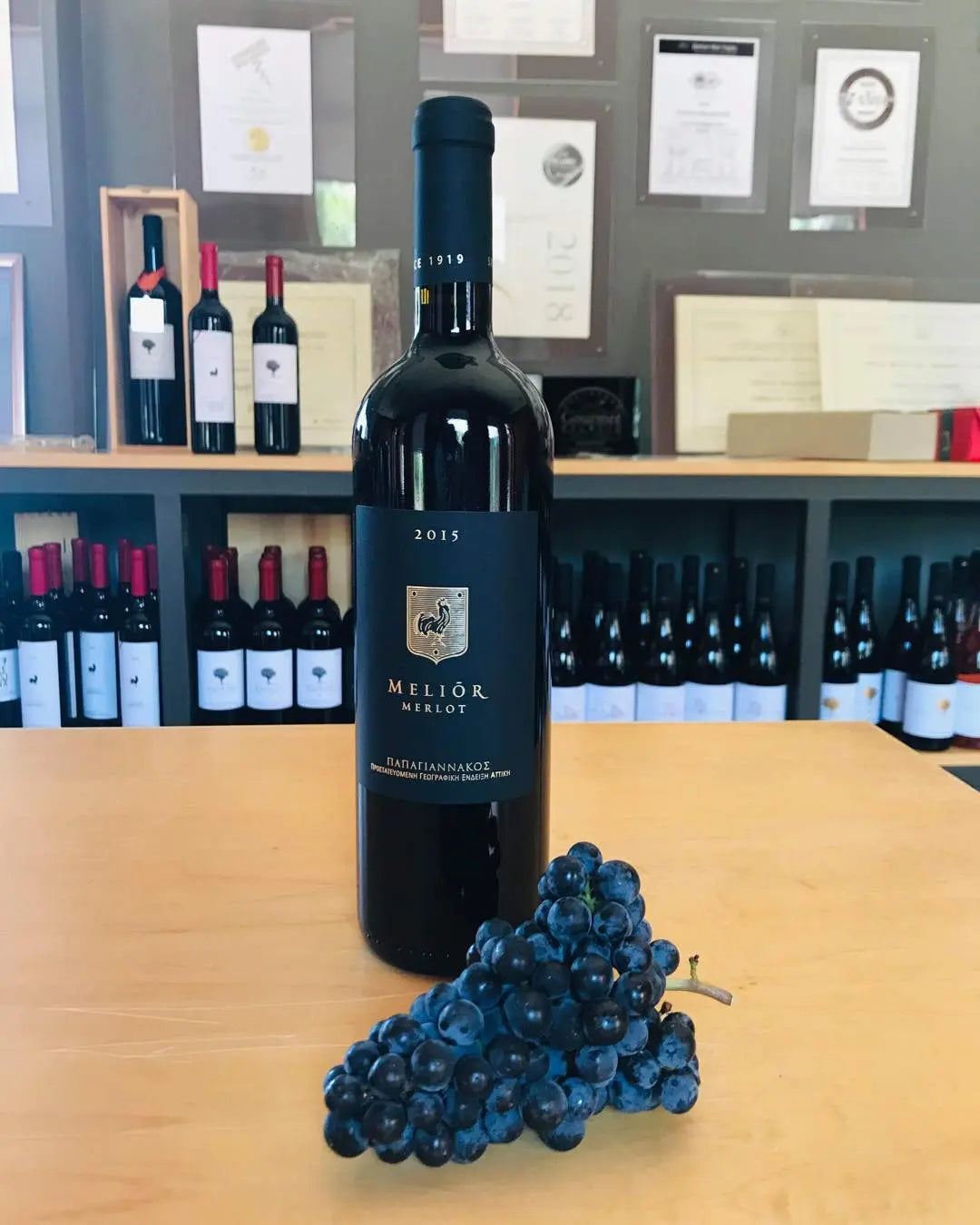 Papagiannakos Melior Merlot Rotweinflasche mit Trauben und Weinregal im Hintergrund
