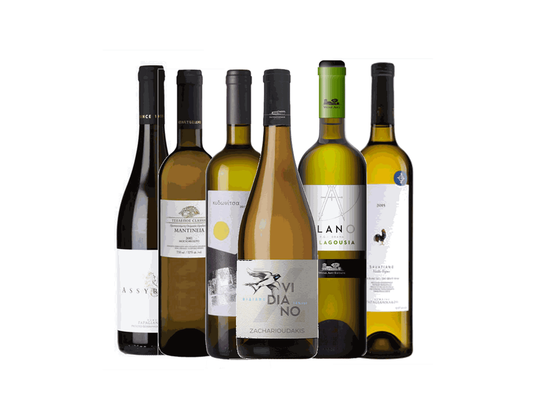 Probierpaket griechische Weißweinsorten mit 6 Flaschen autochthoner Weine aus Malagousia, Moscofilero, Assyrtiko, Kydonitsa, Vidiano und Savatiano Rebsorten
