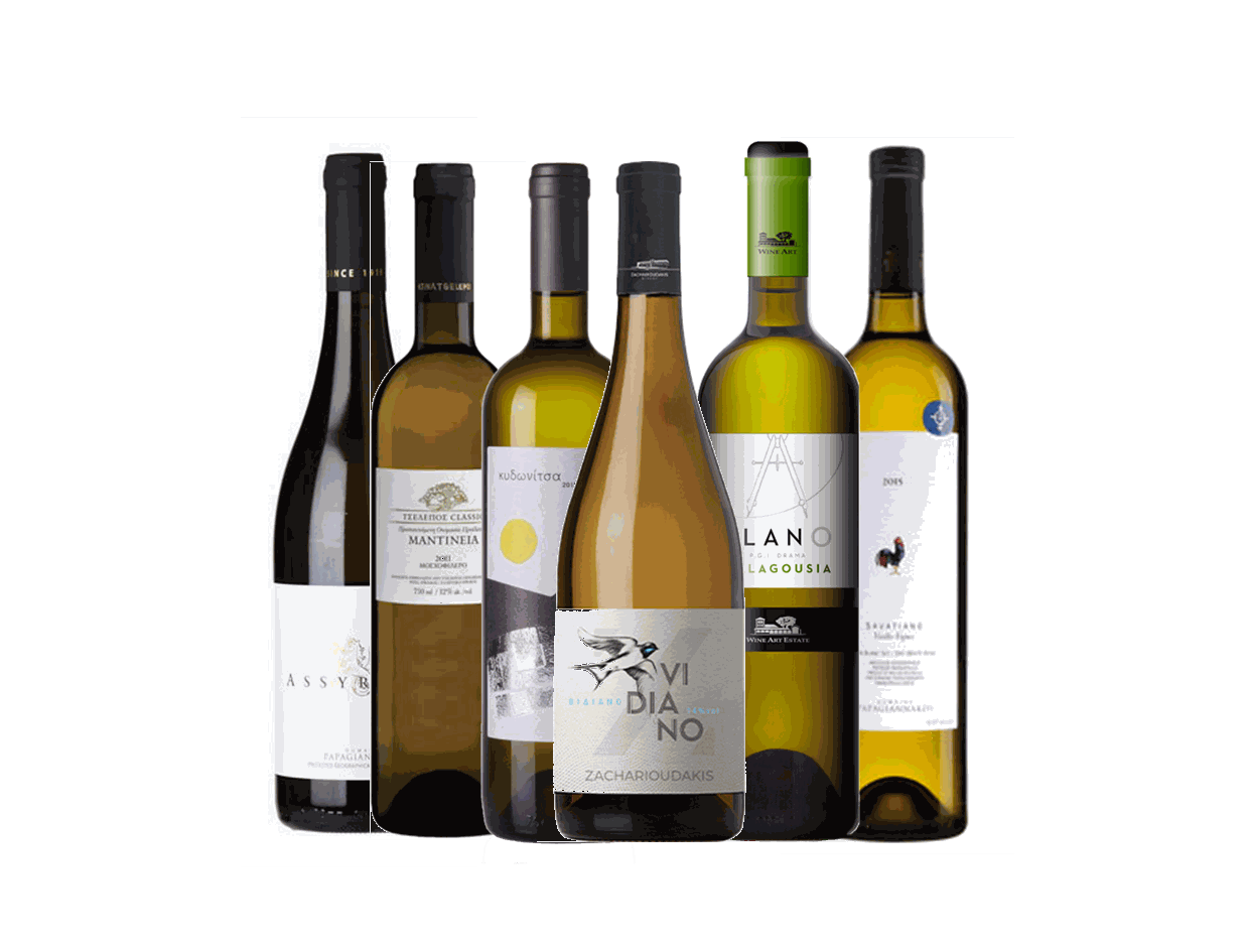 Probierpaket griechische Weißweinsorten mit 6 Flaschen autochthoner Weine aus Malagousia, Moscofilero, Assyrtiko, Kydonitsa, Vidiano und Savatiano Rebsorten