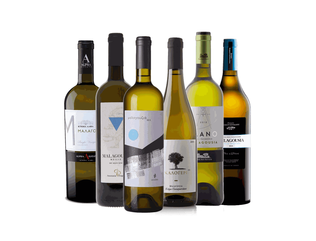 Probierpaket Malagousia mit sechs griechischen Weißweinen aus verschiedenen Mikroklimazonen, aromatisch und frisch, ideal zu Fisch und leichten Speisen