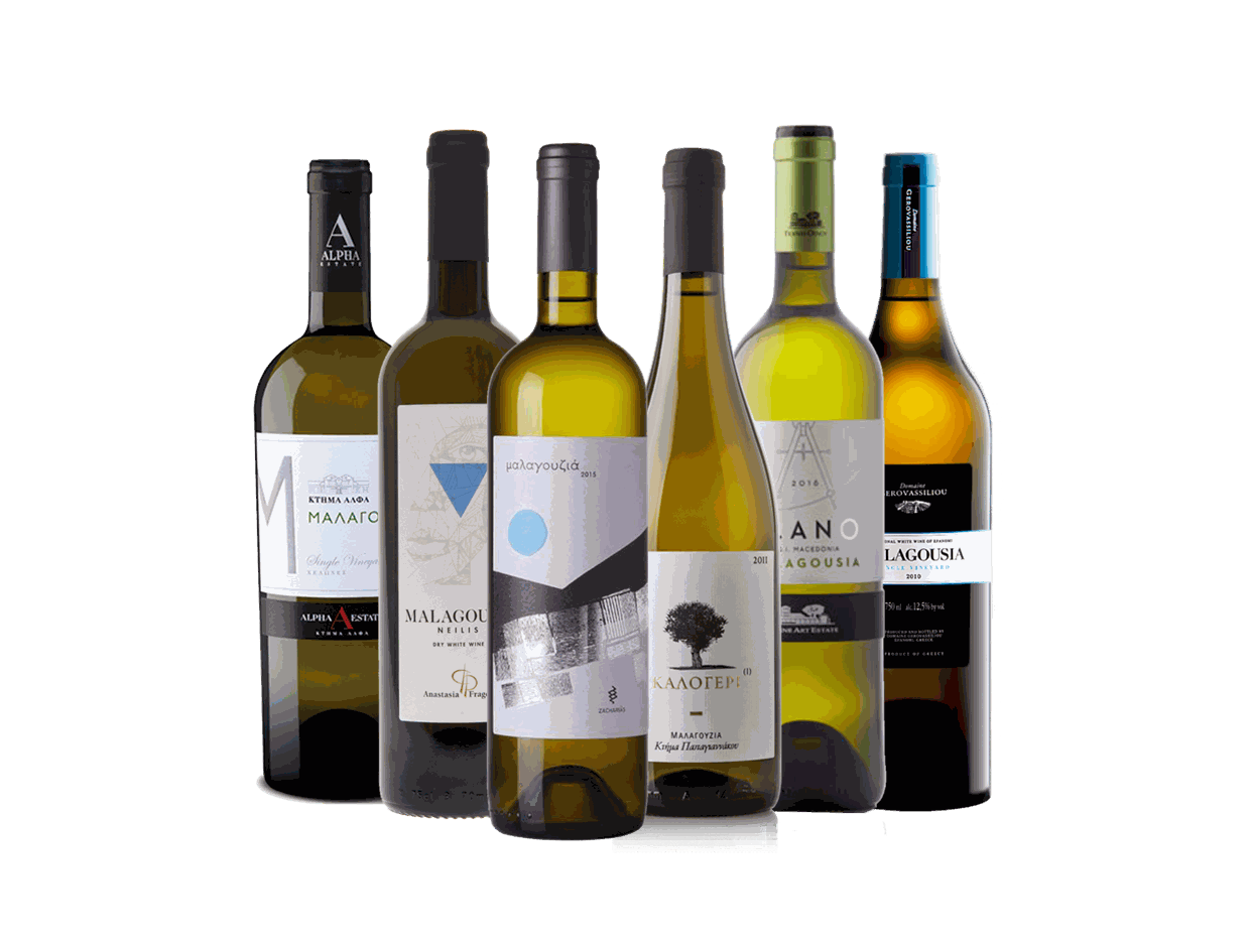 Probierpaket Malagousia mit sechs griechischen Weißweinen aus verschiedenen Mikroklimazonen, aromatisch und frisch, ideal zu Fisch und leichten Speisen