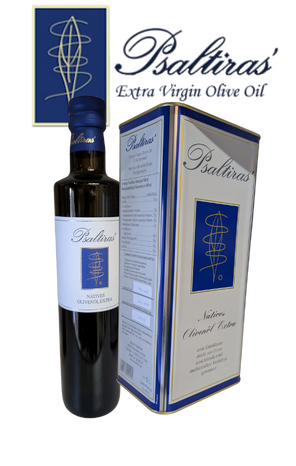 Psaltiras natives Olivenöl Extra in einer 500 ml Flasche mit eleganter Verpackung und blauer Akzentfarbe