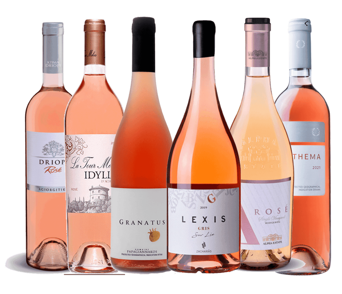 Probierpaket Griechische Roséweine mit sechs verschiedenen Flaschen hellrosa Wein aus Hellas, diverse Sorten inklusive Tempranillo