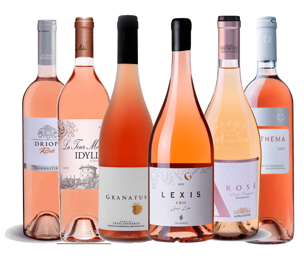Probierpaket Griechische Roséweine mit sechs verschiedenen Flaschen hellrosa Wein aus Hellas, diverse Sorten inklusive Tempranillo