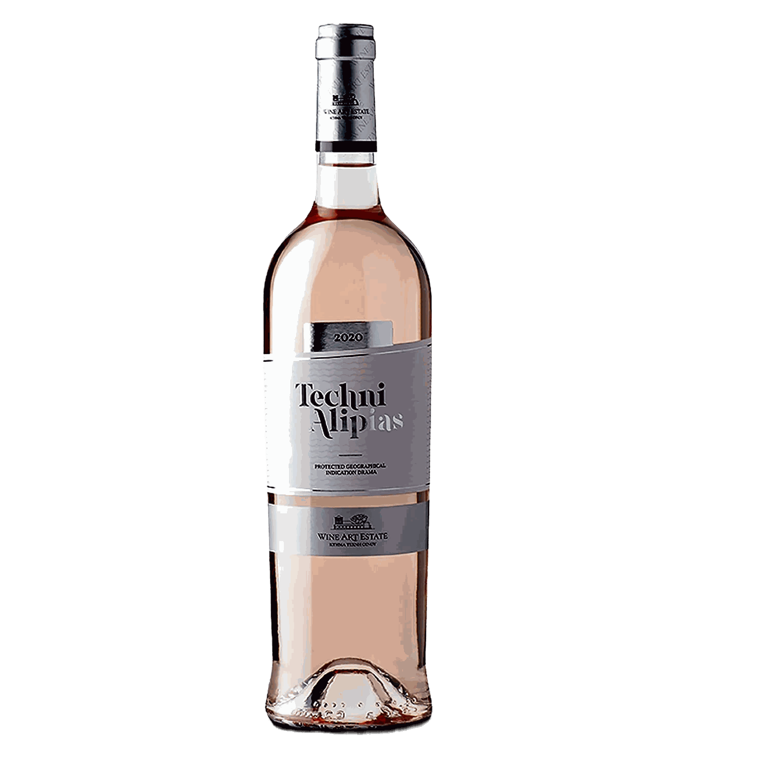 Flasche Techni Rosé Wein aus Drama PGI mit 2024er Jahrgang und 13% Alkoholgehalt