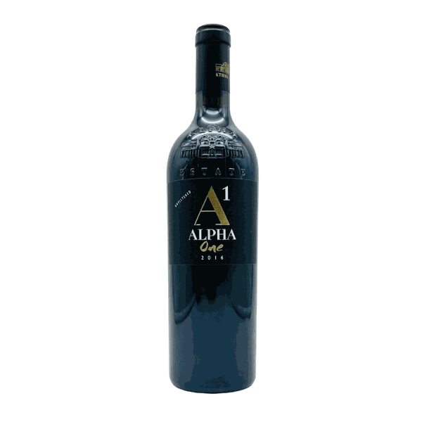 Alpha Estate ONE Rotweinflasche mit elegantem schwarzem Etikett, Jahrgang 2018, 14,5% Vol., aus Florina PGI mit Xinomavro und Montepulciano Trauben.