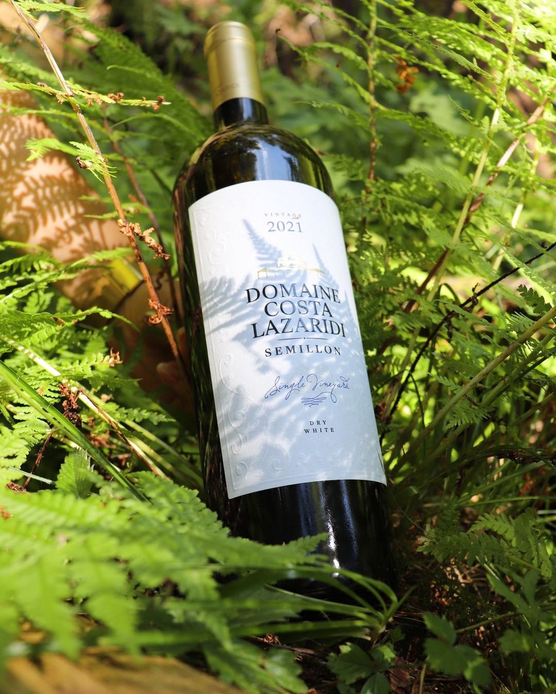 Flasche Semillon Domaine Costa Lazaridi Weißwein 2023 im Grünen gelegen