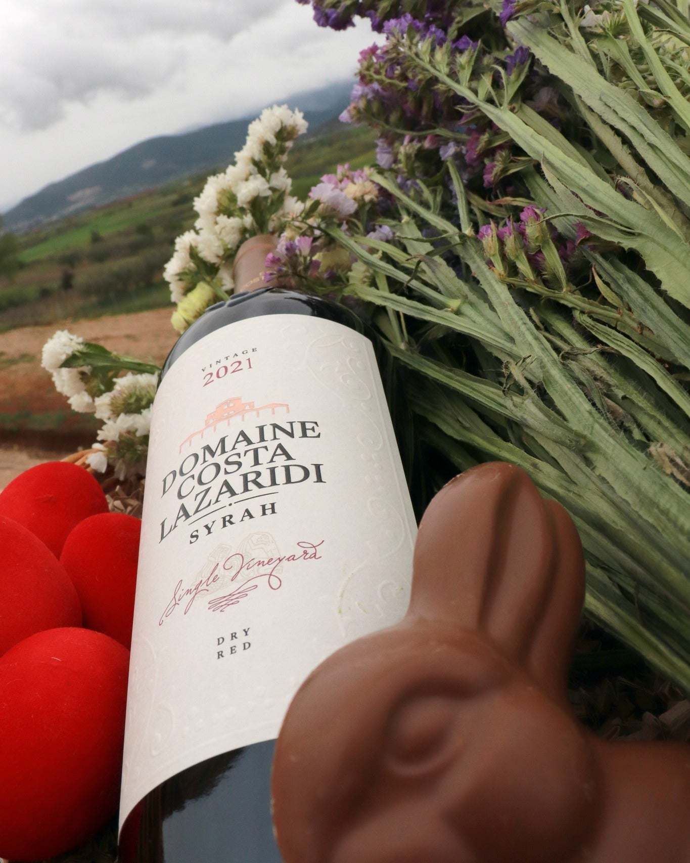 Flasche Syrah Domaine Costa Lazaridi Rotwein 2021 mit Blumen und Tomaten im Hintergrund