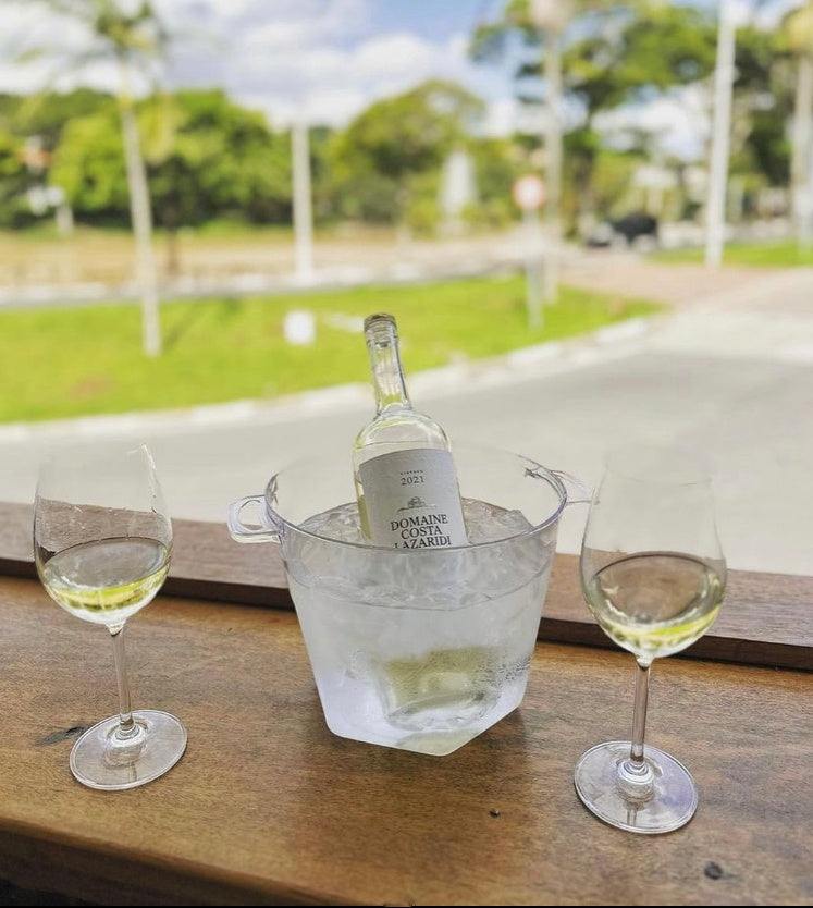 Malagousia Domaine Costa Lazaridi Weißwein mit zwei Gläsern und Flasche im Eiswürfelbehälter vor Naturkulisse