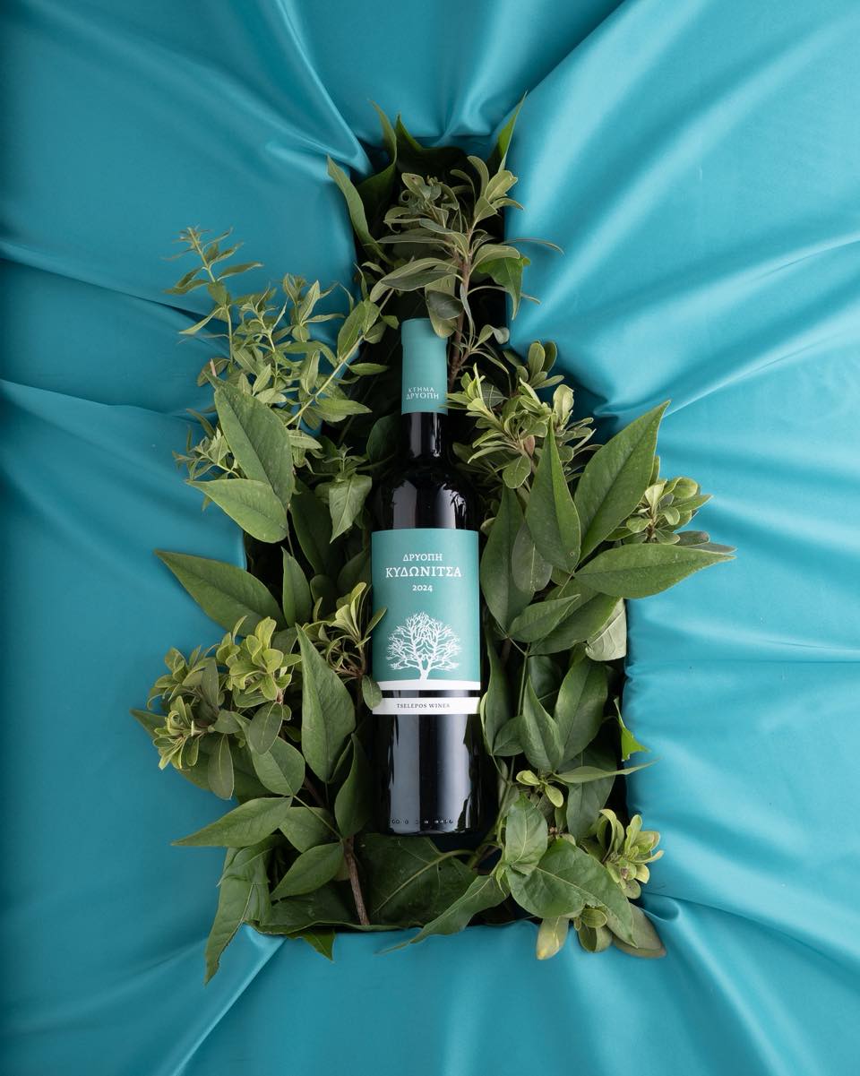 Kydonitsa Ktima Driopi von DRIOPI WINERY, trockener Weißwein in eleganter Flasche, umgeben von frischen Kräutern.