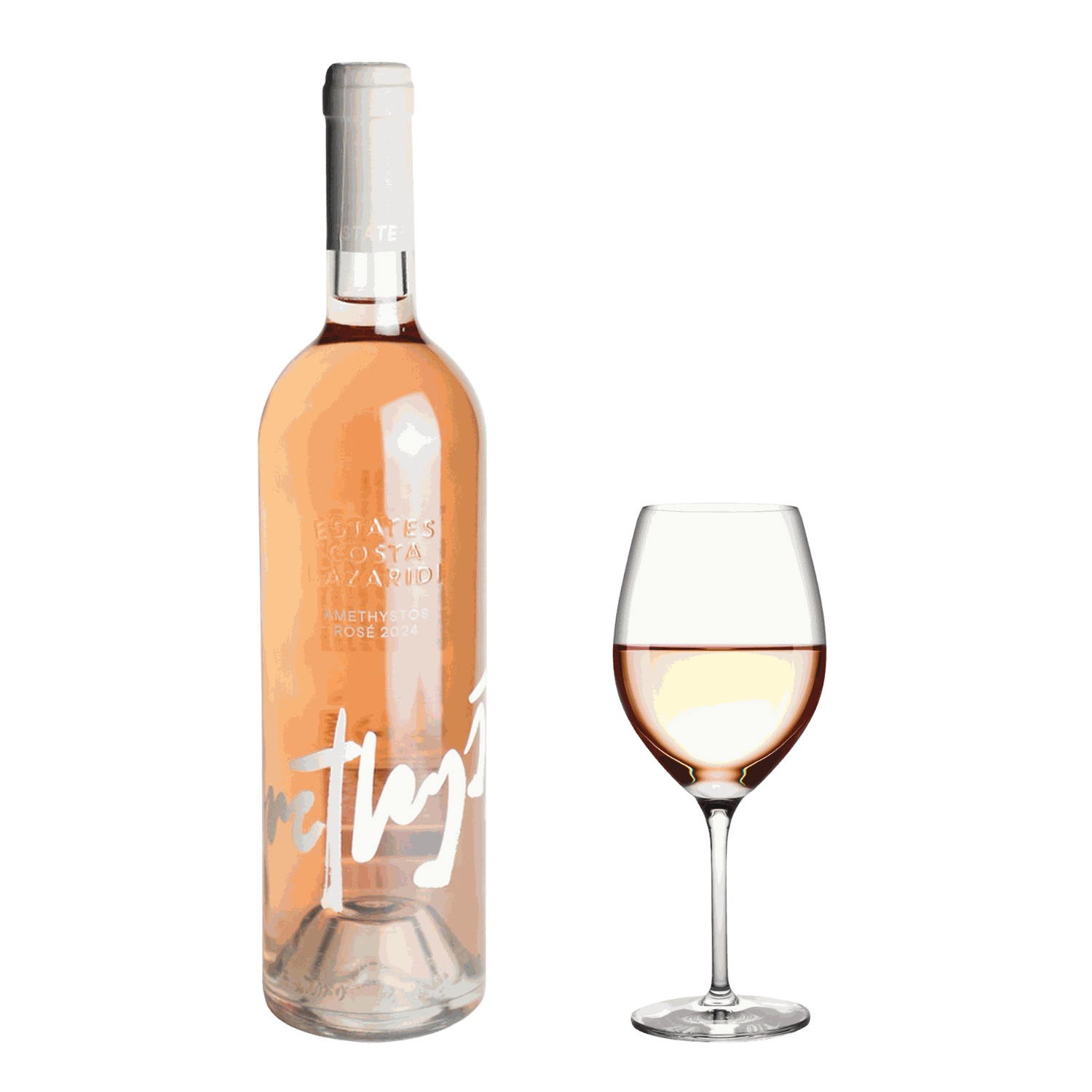 Flasche Amethystos Rosé Wein 2024 aus Drama mit Glas voll roséfarbenem Wein