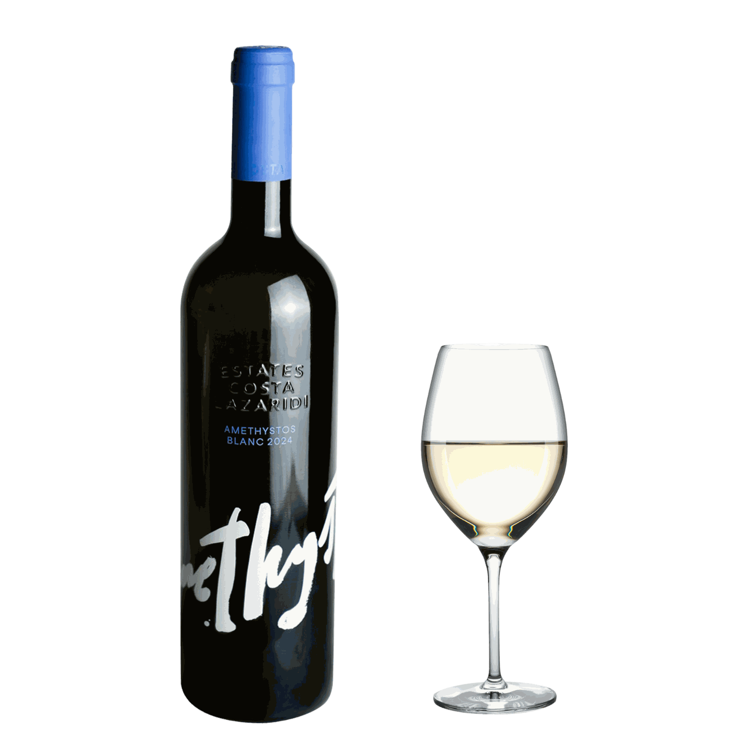 Flasche Amethystos White 2024 Weißwein aus Drama PGI mit Glas, Sauvignon Blanc und Assyrtiko, strohgelb, frisch und fruchtig