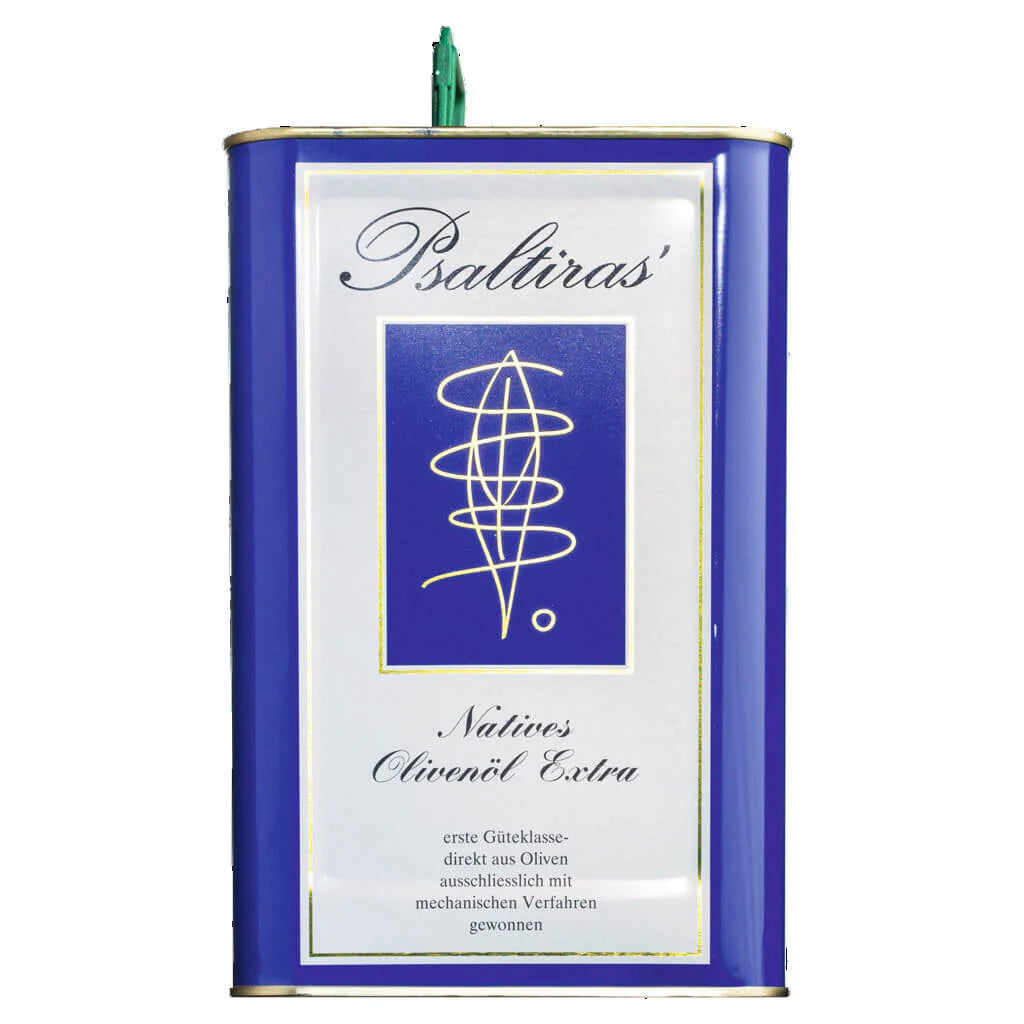 Natives Olivenöl Extra von vineas.shop in einem blauen Kanister mit 5 Litern Inhalt und mechanischem Verfahren gewonnen.