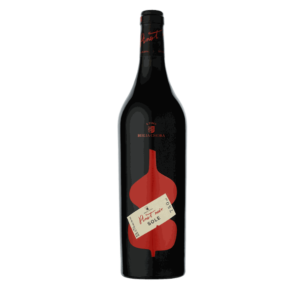 Flasche Sole Pinot Noir Rotwein aus Pangeon-Bergen mit eleganter, fruchtiger Note und seidiger Textur