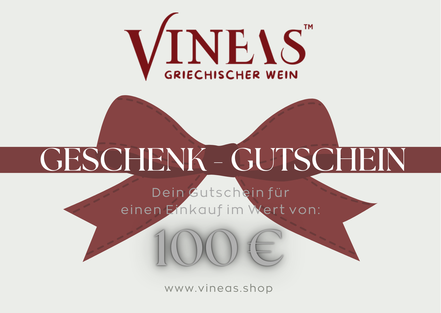 VINEAS Geschenk Gutschein 100 Euro für Weinliebhaber mit roter Schleife und griechischem Weinlogo