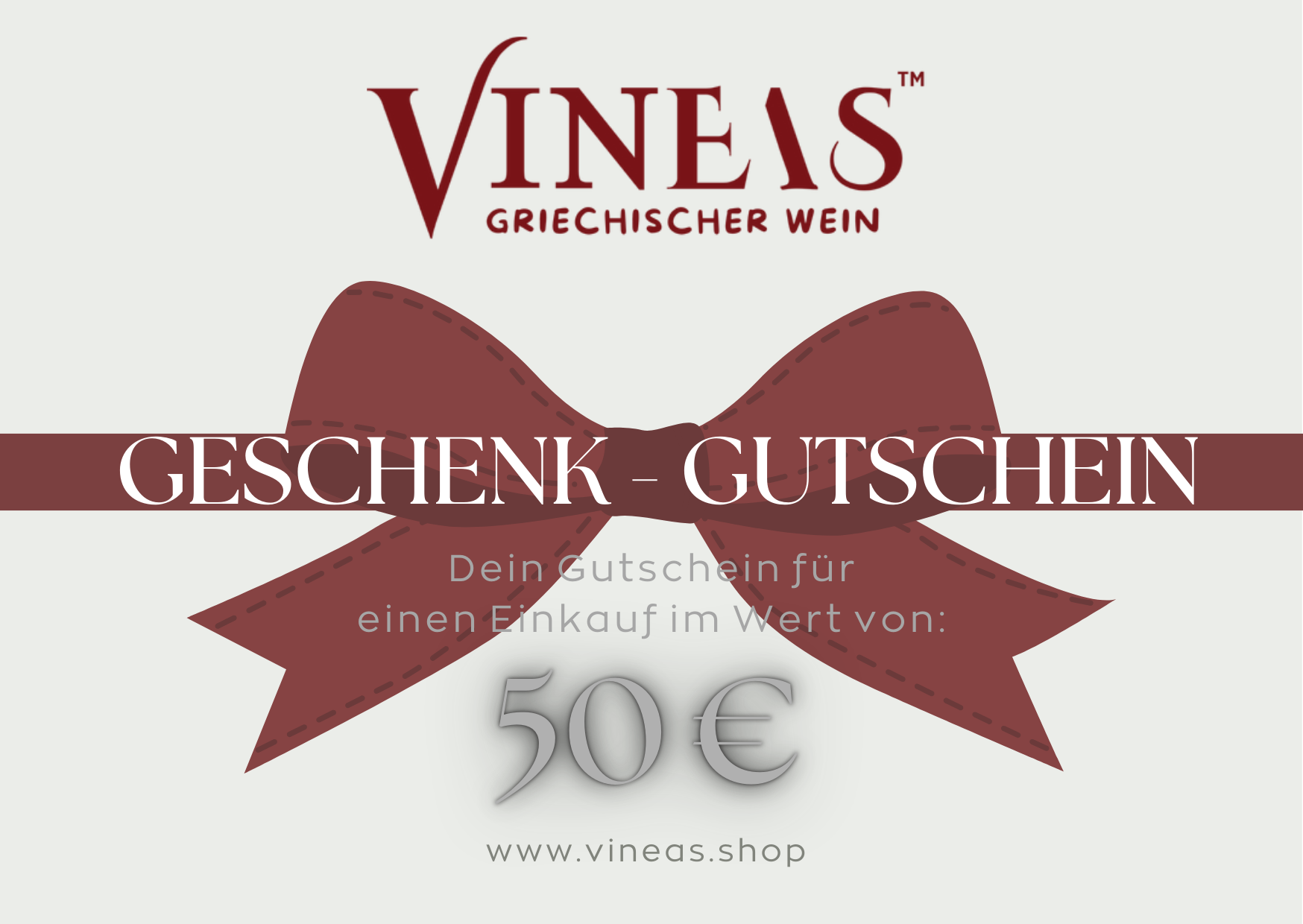 VINEAS Geschenkgutschein im Wert von 50,00 € mit rotem Schleifenmotiv auf hellem Hintergrund