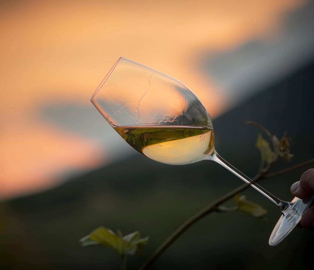 Weinglas mit Biblia Chora Plagios White Chardonnay Weißwein vor Sonnenuntergang