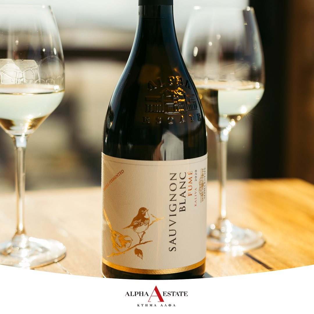 Flasche Ecosystem Sauvignon Blanc Fumé Weißwein mit zwei Gläsern auf Holztisch