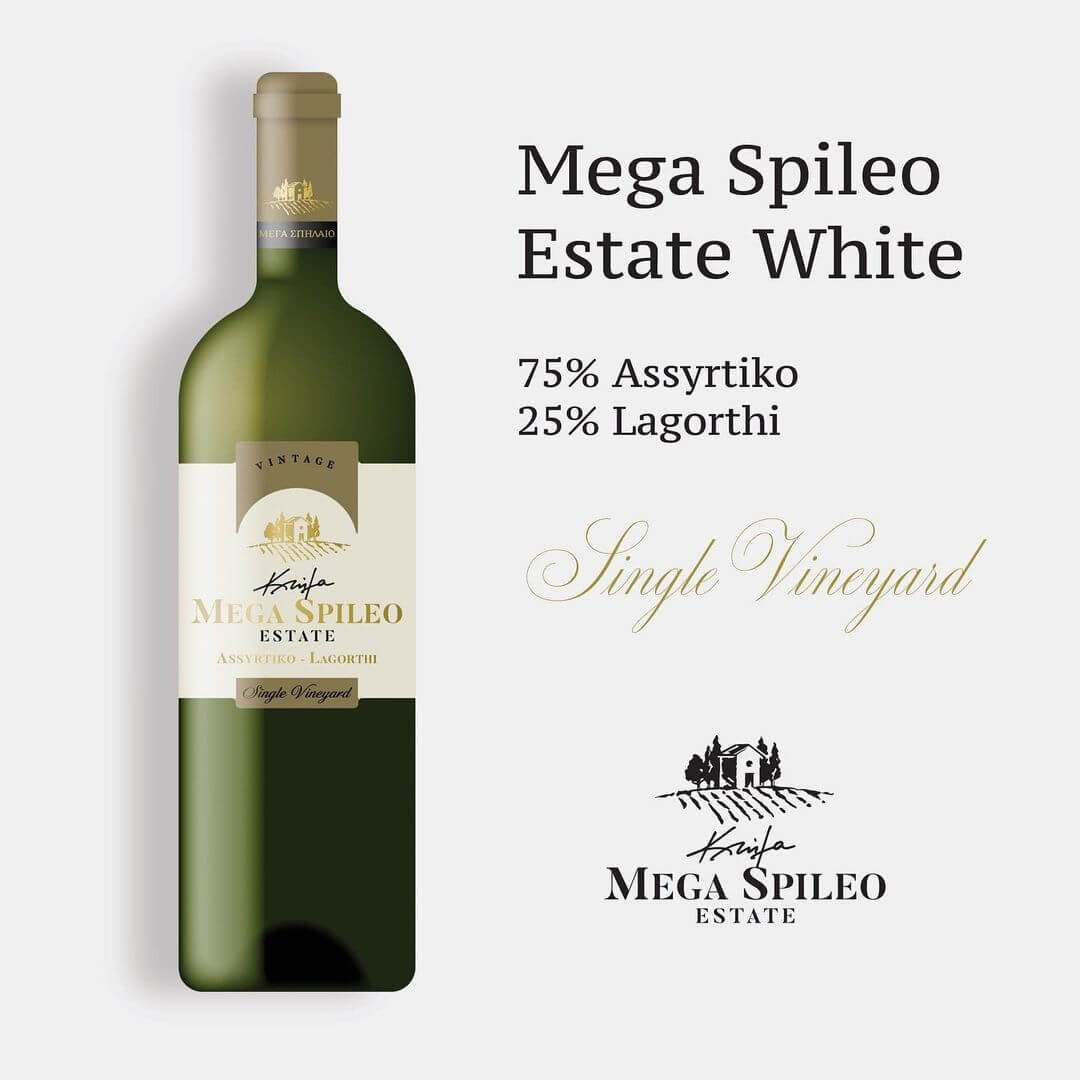 Flasche Mega Spileo Domaine White Weißwein aus Assyrtiko und Lagorthi Trauben, Jahrgang 2019, Achaia PGI, Holzfass ausgebaut mit Korkverschluss