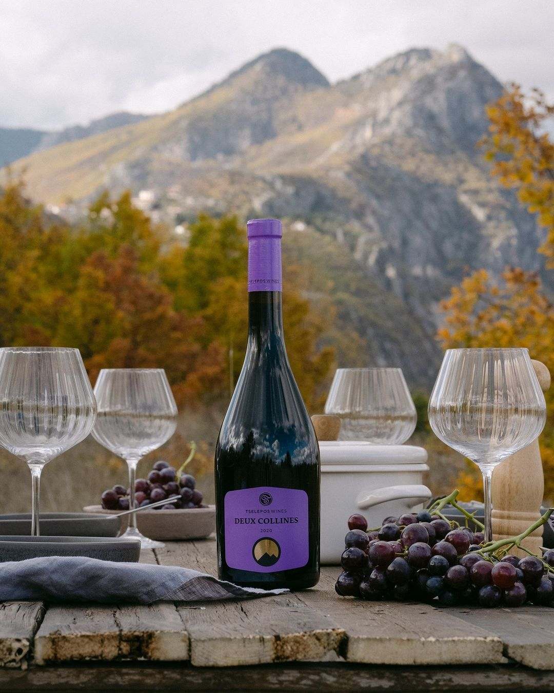 Flasche Tselepos Deux Collines Rotwein mit Weinbergen und Berglandschaft im Hintergrund