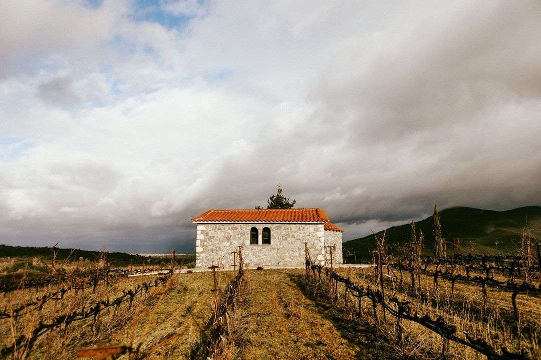 Tselepos Deux Collines Weinberg mit Weinfass und Herrenhaus in Tegea Arkadien