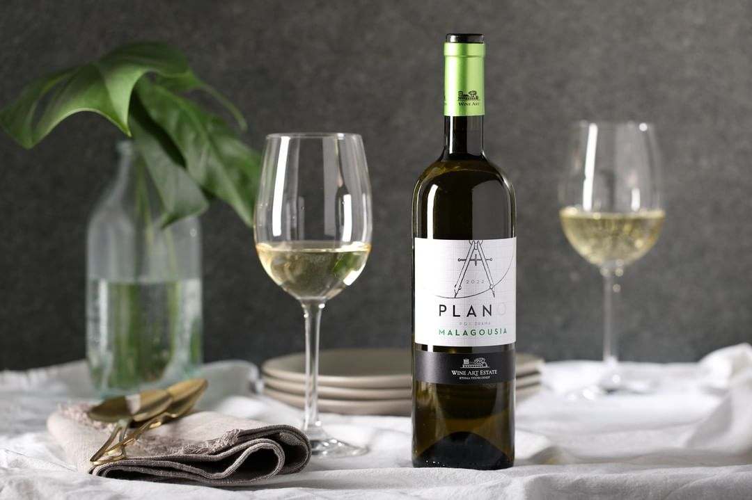 Plano Malagousia Weißwein 2024 aus Drama PGI mit fruchtigen Aromen von Pfirsich und Zitrusfrüchten trocken