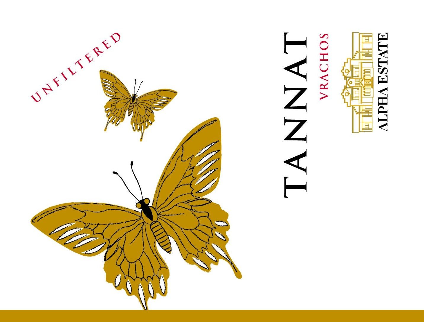 Weinetikett Ecosystem Tannat Alpha Estate mit goldfarbenen Schmetterlingen und unfiltriertem Tannat Wein aus Florina PGI