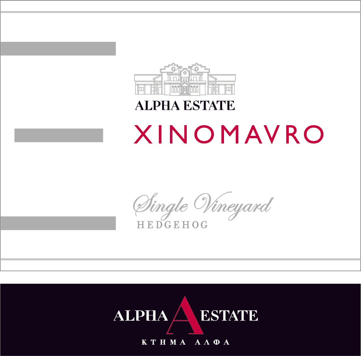 Etikett des Xinomavro Hedgehog Rotweins von Alpha Estate aus Amyndeo PDO Jahrgang 2021
