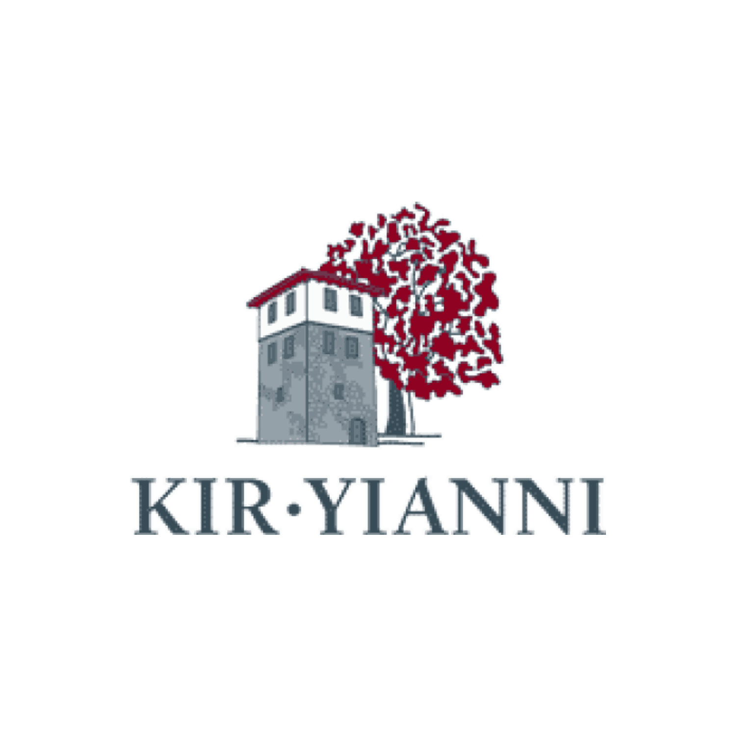 Logo von Kir Yianni Weinberg mit rotem Baum und grauem Turm für Paranga Red Kir Yianni Wein aus Makedonien