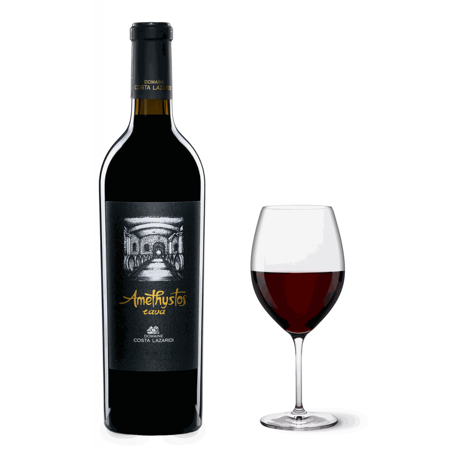 Amethystos Cava Rotweinflasche mit vollem Glas, Cabernet Franc aus Drama, 2021, 15% Vol.