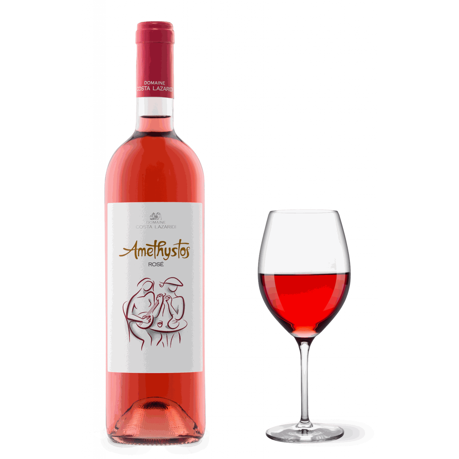 Amethystos Rosé Weinflasche und Glas mit rosé Wein aus Drama PGI, fruchtig und frisch, 2024 Jahrgang