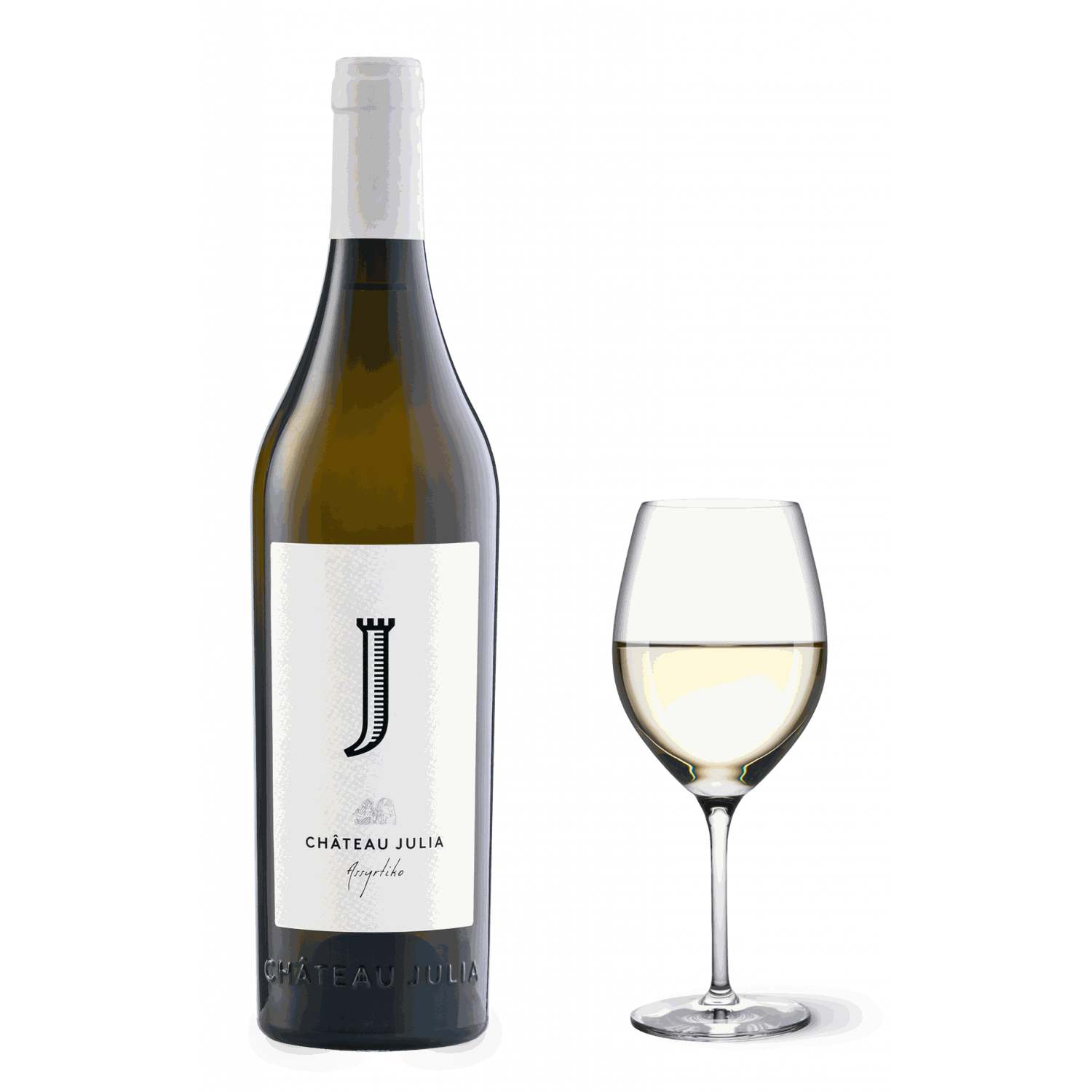 Chateau Julia Assyrtiko Weißwein 2022 aus Drama, eleganter Weißwein mit fruchtiger Mineralität und leuchtend gelber Farbe.