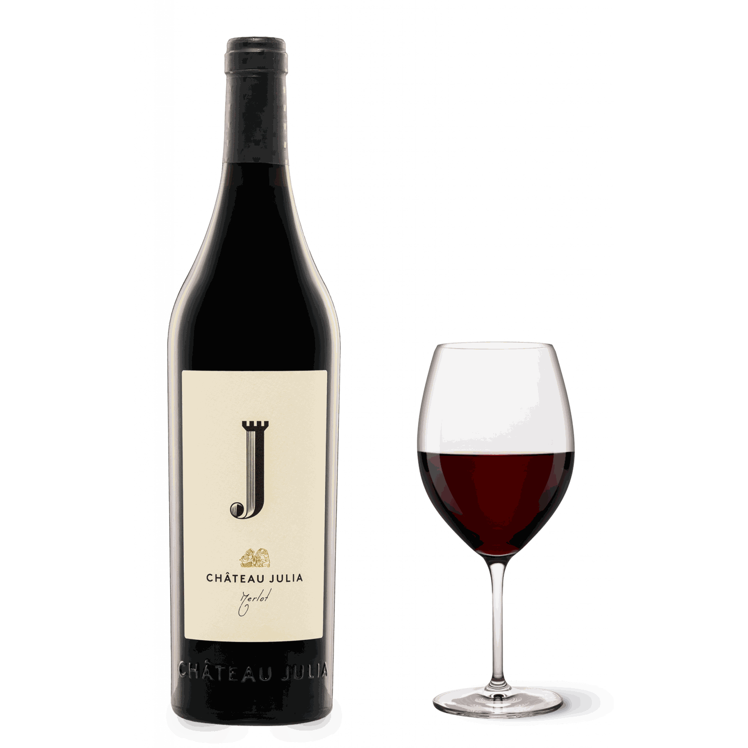 Chateau Julia Merlot 2023 Flasche mit Glas tiefrote Farbe und aromatischer Rotwein aus Drama PGI