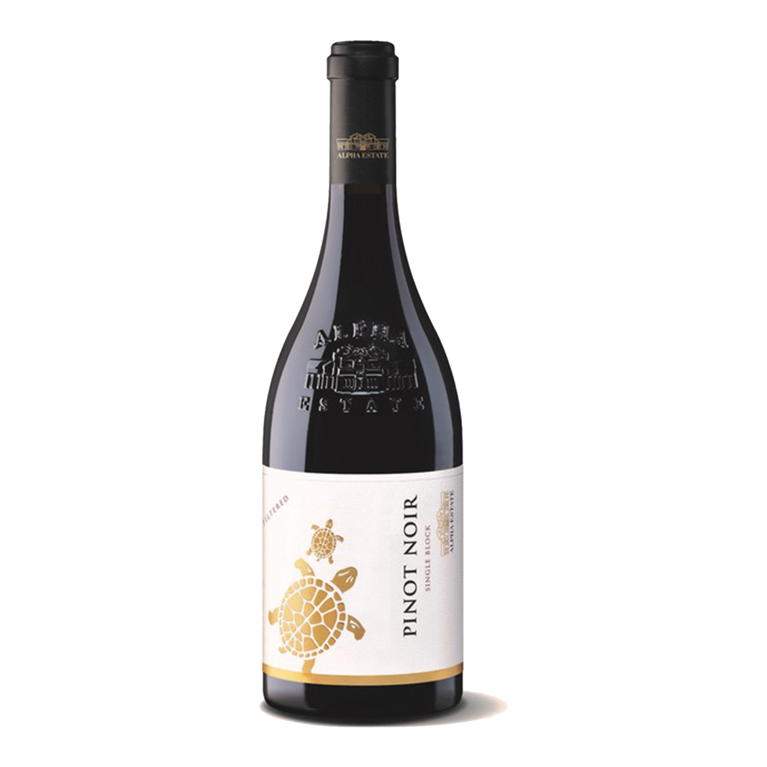 Pinot Noir Rotwein von Alpha Estate, eleganter Rotweinflasche mit Etikett zeigend
Schildkröten-Motiv