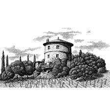 La Tour Melas Chateau Weinflasche mit Weingutzeichnung und mediterraner Landschaft