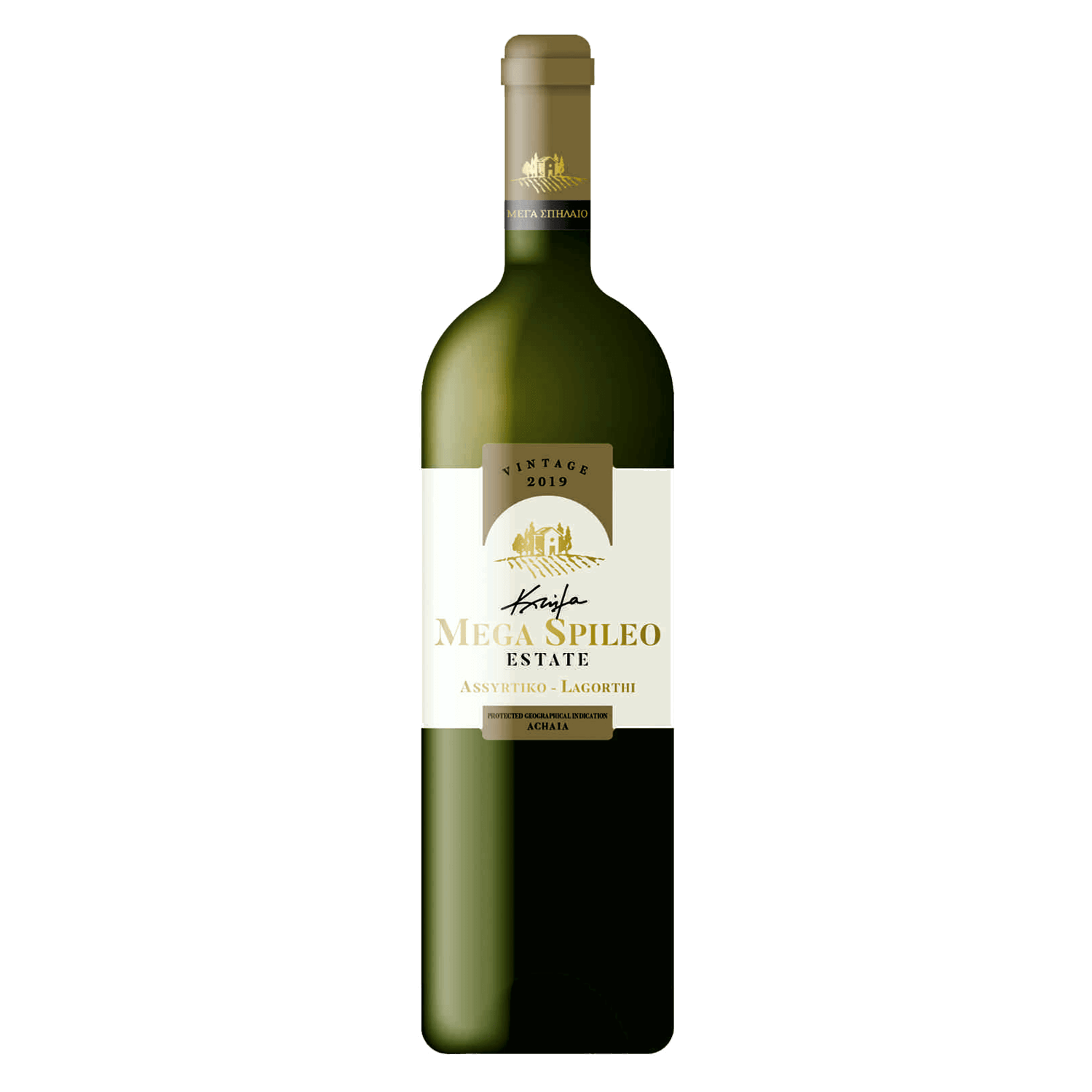 Mega Spileo Domaine White Weinflasche aus Assyrtiko und Lagorthi Trauben, Jahrgang 2019, aus Achaia PGI, Holzfass ausgebaut, mit natürlichem Korkverschluss.