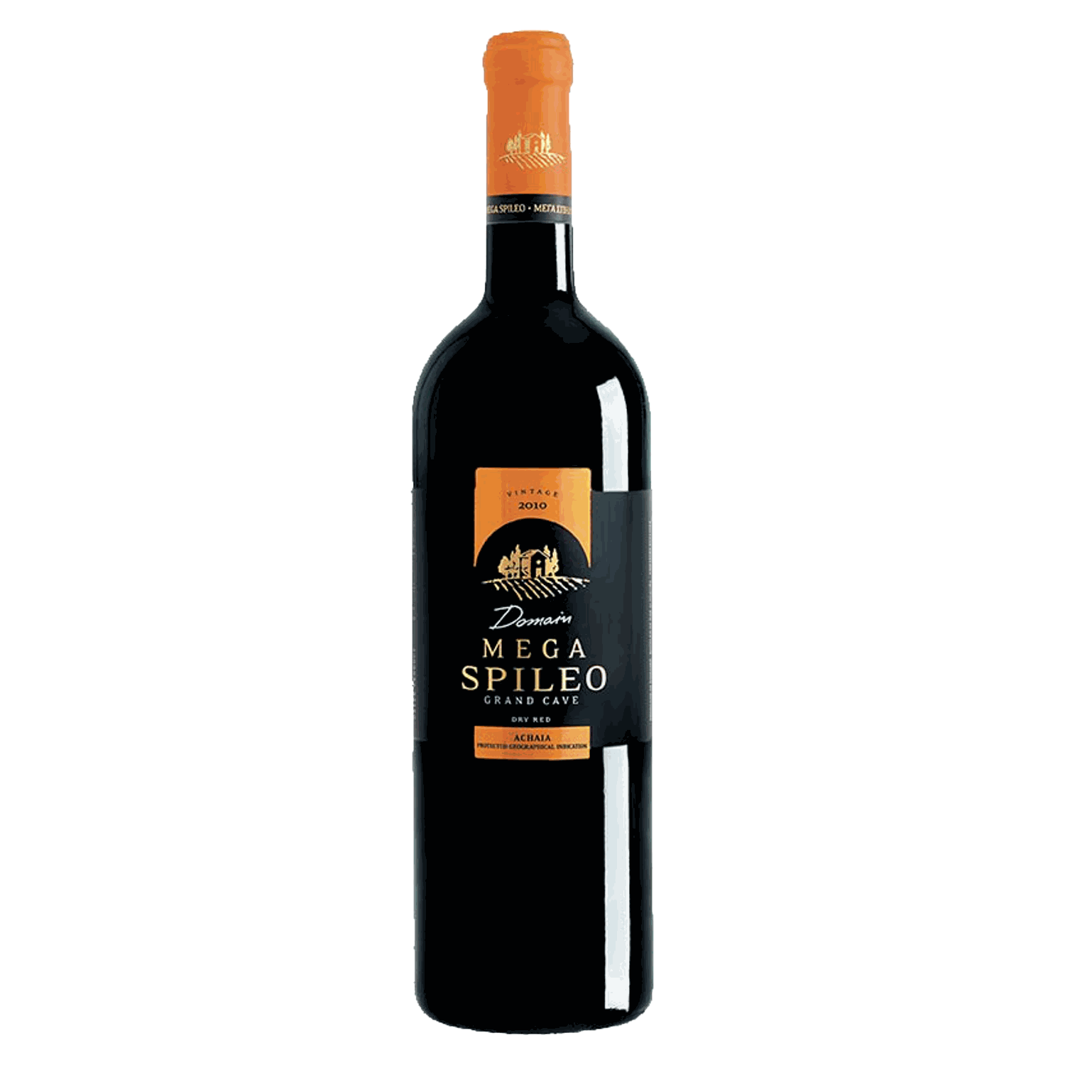 Flasche Mega Spileo Grande Cave Rotwein Achaia 2016 mit orangefarbenem Verschluss