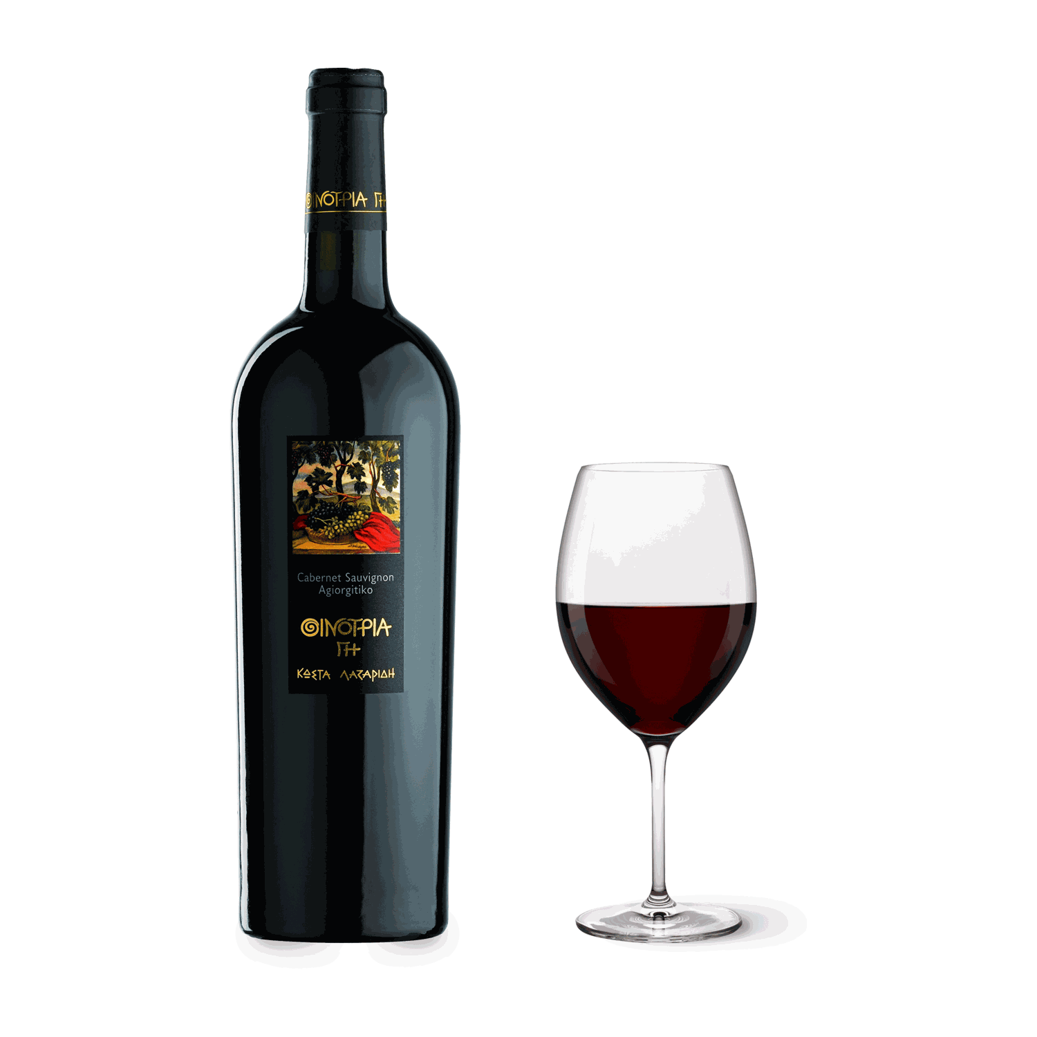Flasche Oenotria Land Cabernet-Agiorgitiko Bio Rotwein aus Attika mit Glas voller dunklem Wein