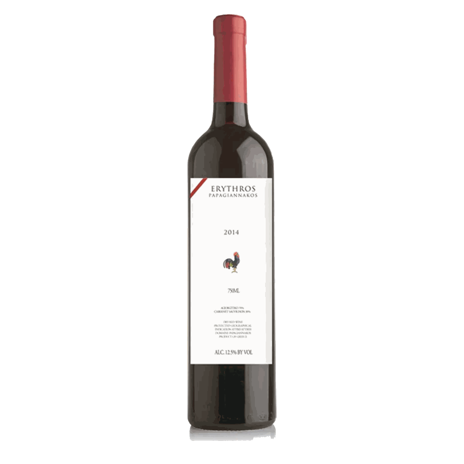 Papagiannakos Erythros Rotwein 2014 Flasche mit rotem Verschluss und weißem Etikett